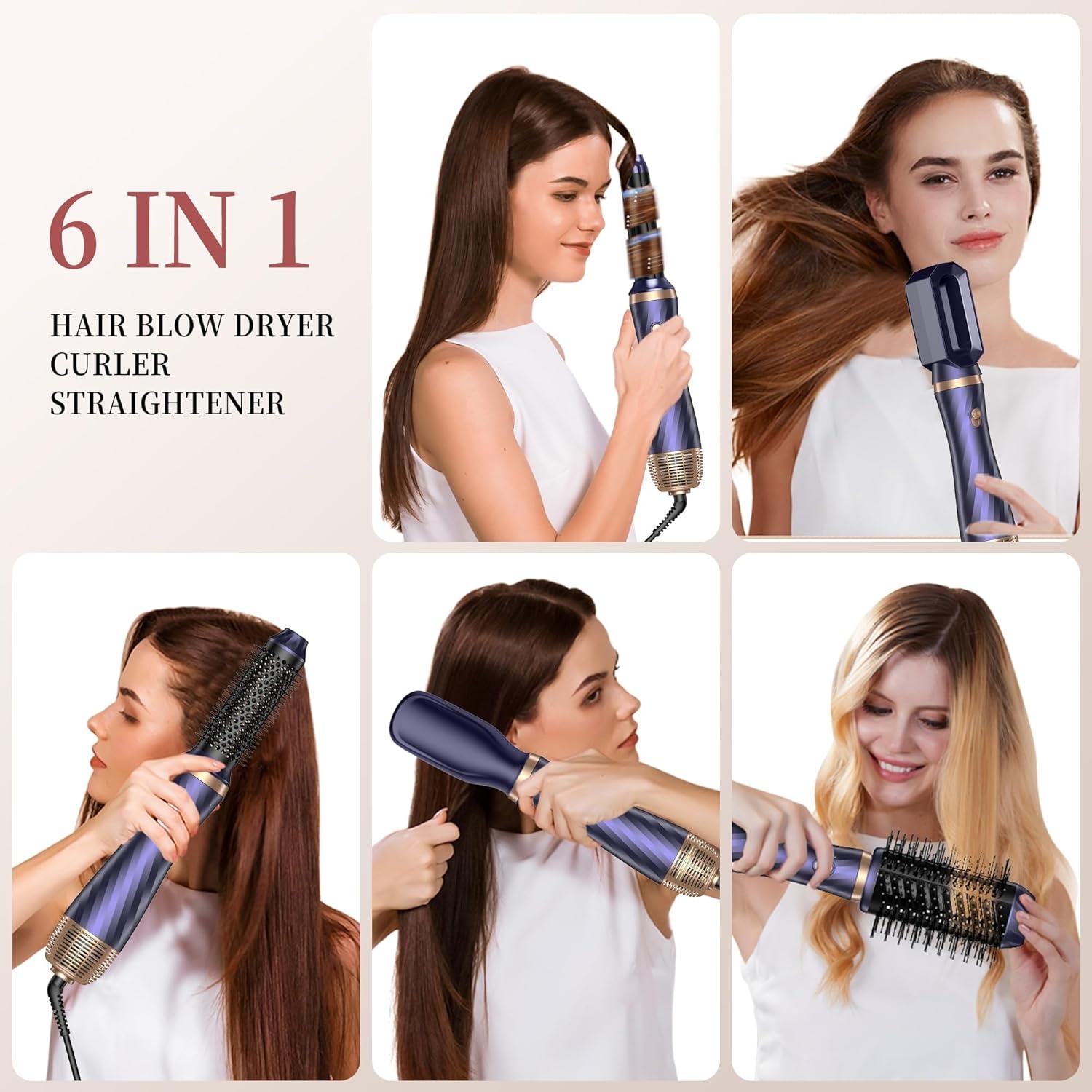 UMIGA Airstyler Set 6-in-1, haarstyler set, Air Styler met ronde borstelföhn, haarstyler, warme luchtborstel, automatische airflow-krultang, volume föhnborstel, voor gladmaken, drogen, volume en