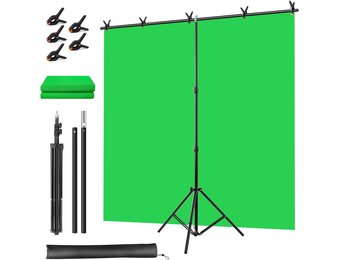 Draagbaar groen scherm, groene achtergrond met standaard 1,5 x 2 m (5 x 6,5 ft), inclusief T-houder, 5 klemmen en draagtas, perfect voor fotografie, games, streaming en zoomvergaderingen
