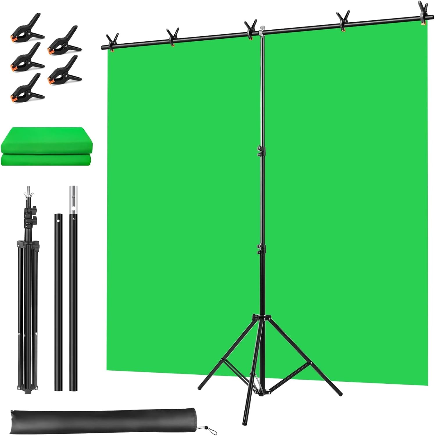 Draagbaar groen scherm, groene achtergrond met standaard 1,5 x 2 m (5 x 6,5 ft), inclusief T-houder, 5 klemmen en draagtas, perfect voor fotografie, games, streaming en zoomvergaderingen