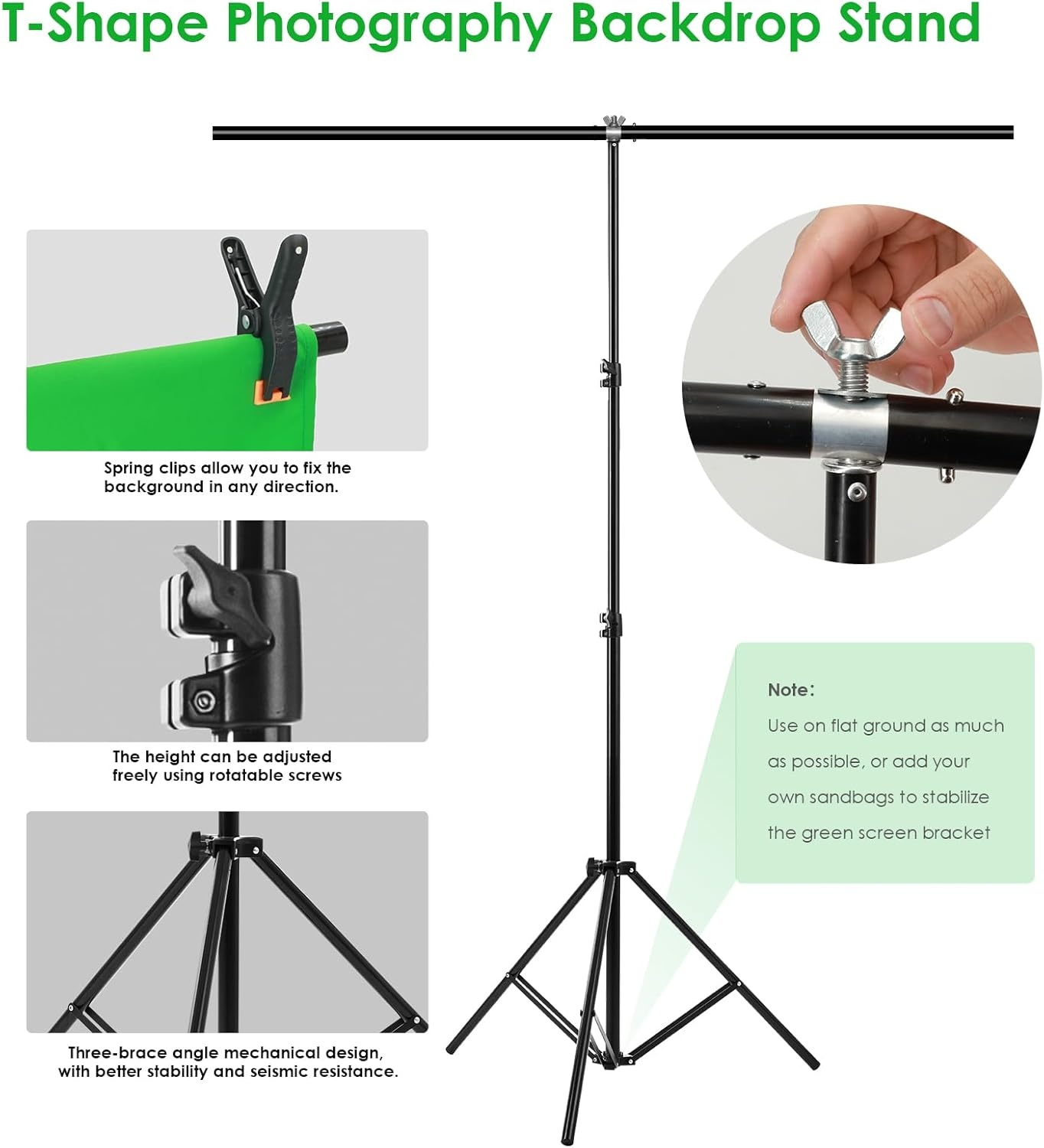 Draagbaar groen scherm, groene achtergrond met standaard 1,5 x 2 m (5 x 6,5 ft), inclusief T-houder, 5 klemmen en draagtas, perfect voor fotografie, games, streaming en zoomvergaderingen