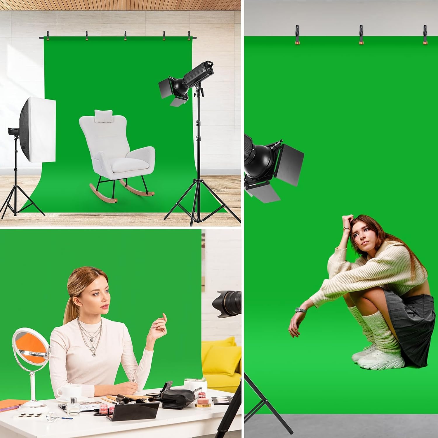 Draagbaar groen scherm, groene achtergrond met standaard 1,5 x 2 m (5 x 6,5 ft), inclusief T-houder, 5 klemmen en draagtas, perfect voor fotografie, games, streaming en zoomvergaderingen
