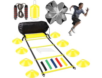 Agility Speed Voetbaltrainingsset, coördinatieladder, trainingsaccessoireset - inclusief 8 m trainingsladder, 16 x kegels voor slalom, weerstand parachute, springtouw, 5 weerstandsbanden