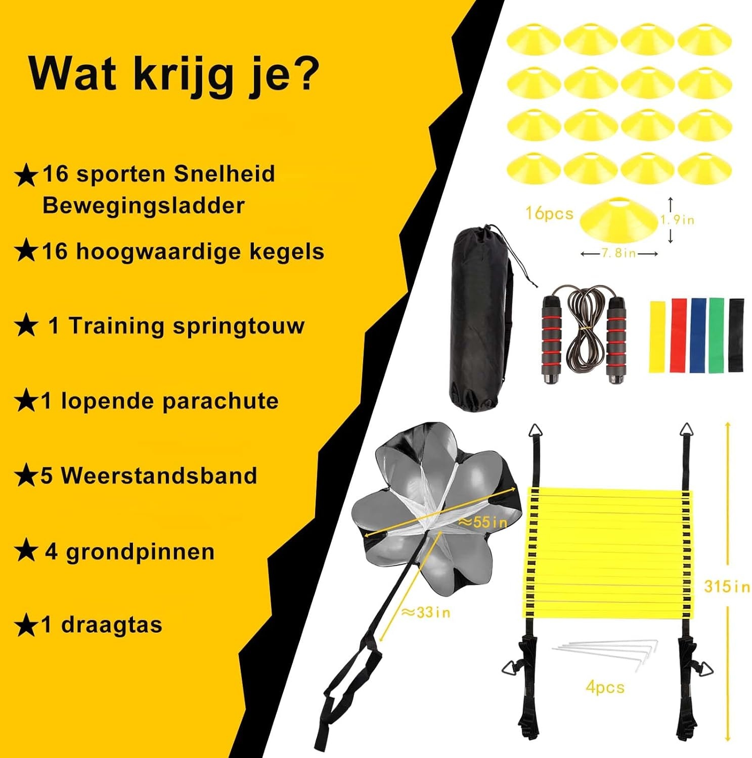 Agility Speed Voetbaltrainingsset, coördinatieladder, trainingsaccessoireset - inclusief 8 m trainingsladder, 16 x kegels voor slalom, weerstand parachute, springtouw, 5 weerstandsbanden