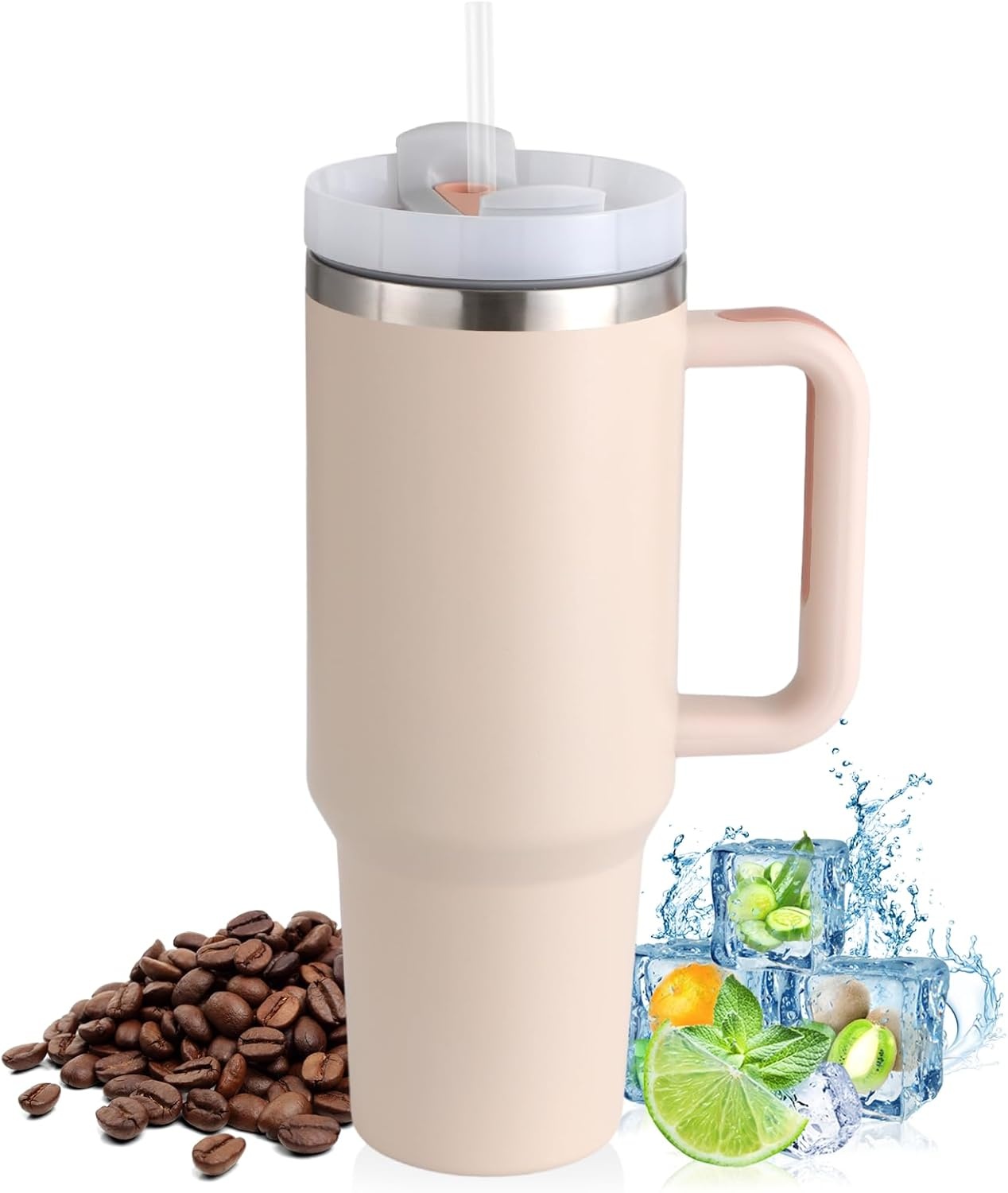 Praoahei Thermosbeker van 40 oz met rietje en handvat, 1180 ml, dubbelwandig, roestvrij staal, warme en koude dranken, vacuüm drinkbeker, koffiemok voor thuis en reizen Sakura Powder