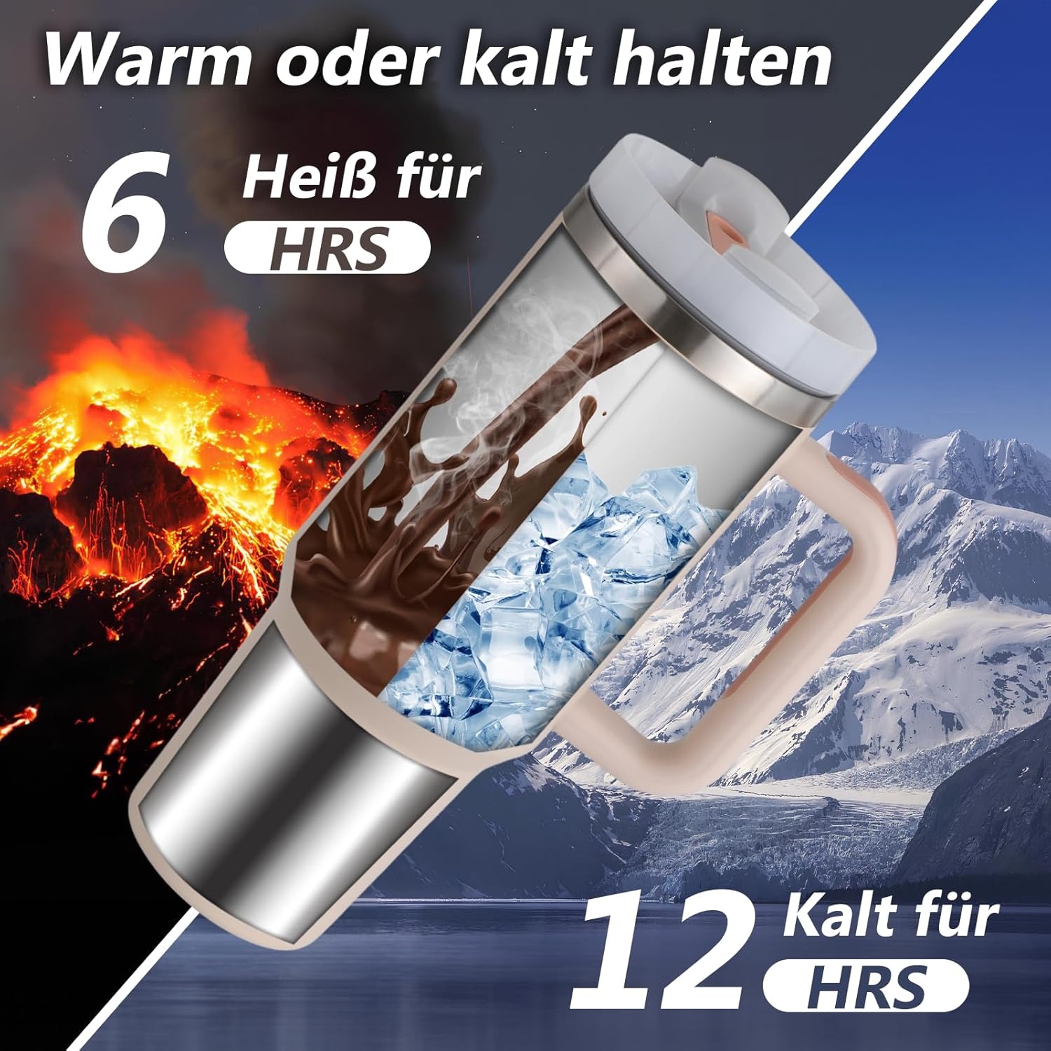 Praoahei Thermosbeker van 40 oz met rietje en handvat, 1180 ml, dubbelwandig, roestvrij staal, warme en koude dranken, vacuüm drinkbeker, koffiemok voor thuis en reizen Sakura Powder