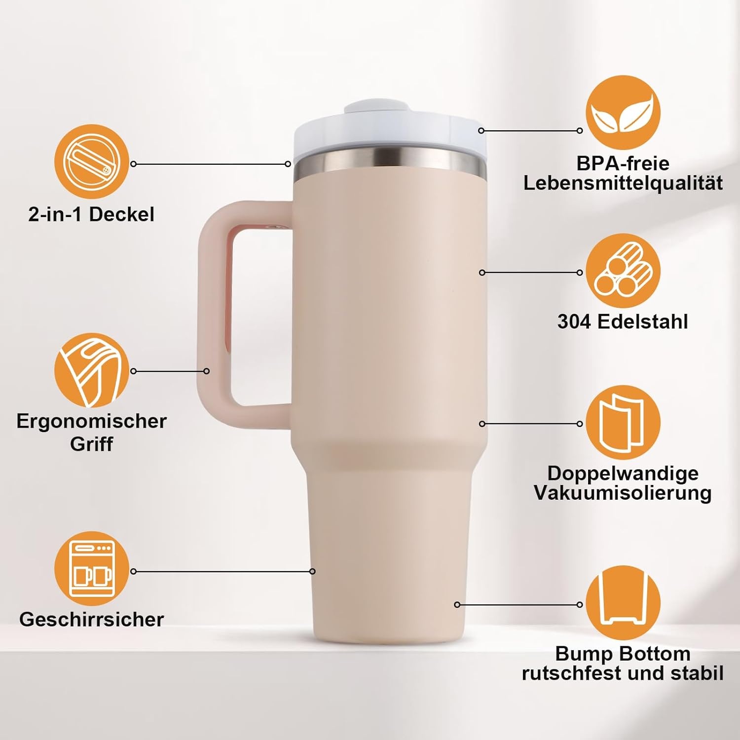 Praoahei Thermosbeker van 40 oz met rietje en handvat, 1180 ml, dubbelwandig, roestvrij staal, warme en koude dranken, vacuüm drinkbeker, koffiemok voor thuis en reizen Sakura Powder