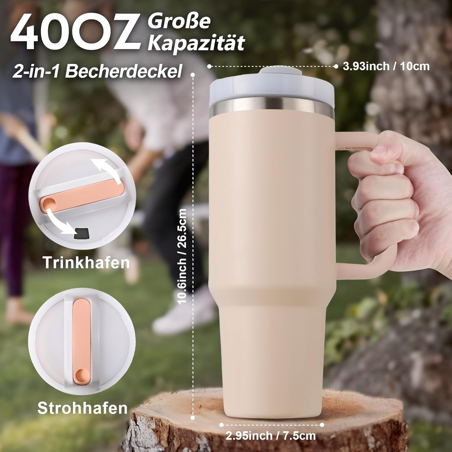 Praoahei Thermosbeker van 40 oz met rietje en handvat, 1180 ml, dubbelwandig, roestvrij staal, warme en koude dranken, vacuüm drinkbeker, koffiemok voor thuis en reizen Sakura Powder