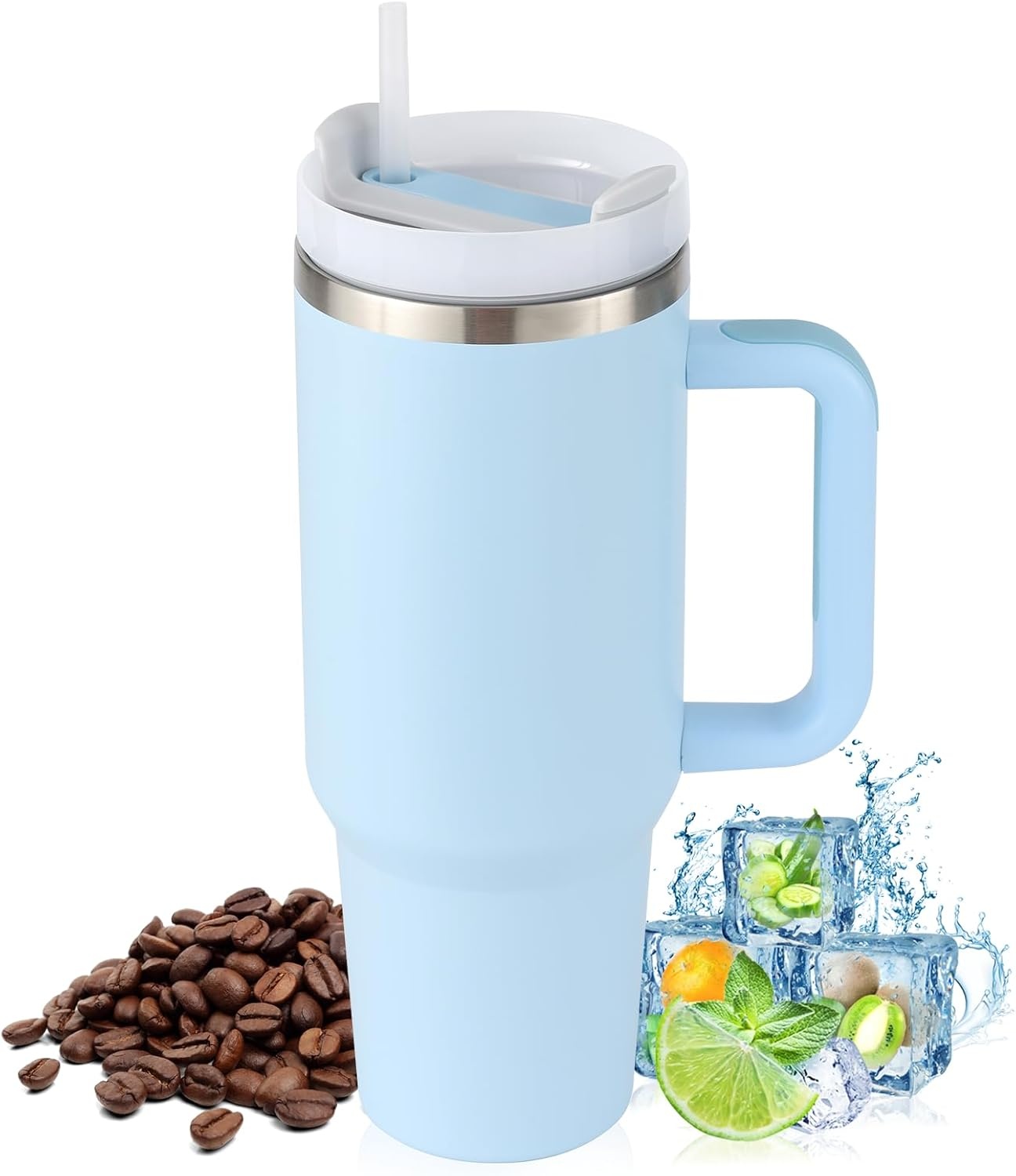 Praoahei Thermosbeker van 40 oz met rietje en handvat, 1180 ml, dubbelwandig, roestvrij staal, warme en koude dranken, vacuüm drinkbeker, koffiemok voor thuis en reizen Sakura Powder
