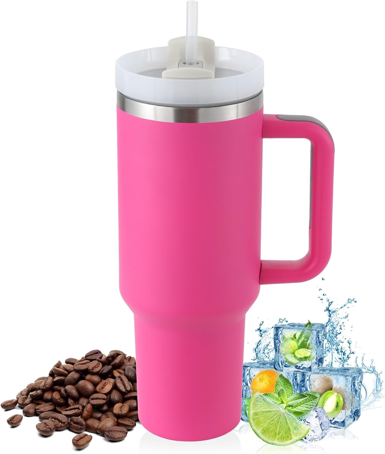 Praoahei Thermosbeker van 40 oz met rietje en handvat, 1180 ml, dubbelwandig, roestvrij staal, warme en koude dranken, vacuüm drinkbeker, koffiemok voor thuis en reizen Sakura Powder