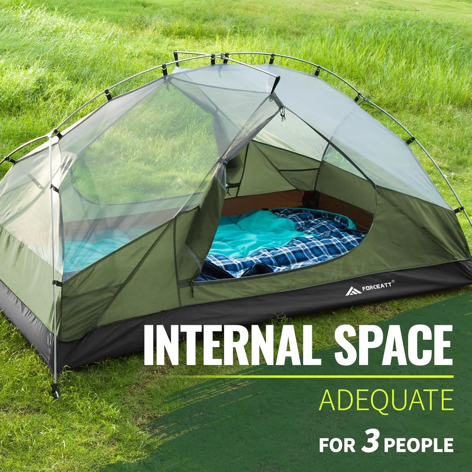 Forceatt kampeertent 2-3 personen, 2 deuren ventilatie dubbellaagse waterdichte lichte backpacktent met draagtas, 3-4 seizoenen, eenvoudig op te zetten, ideaal voor kamperen, wandelen en buiten.