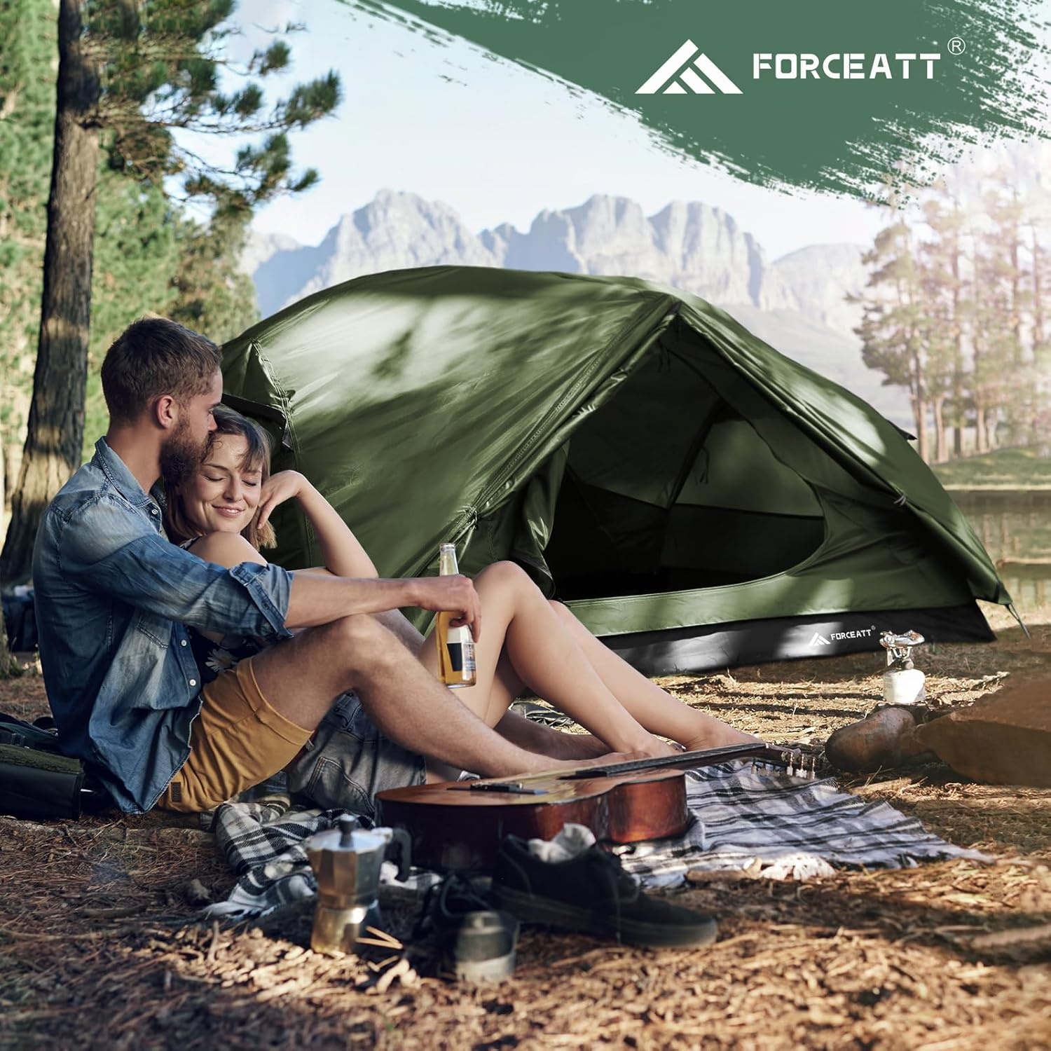 Forceatt kampeertent 2-3 personen, 2 deuren ventilatie dubbellaagse waterdichte lichte backpacktent met draagtas, 3-4 seizoenen, eenvoudig op te zetten, ideaal voor kamperen, wandelen en buiten.