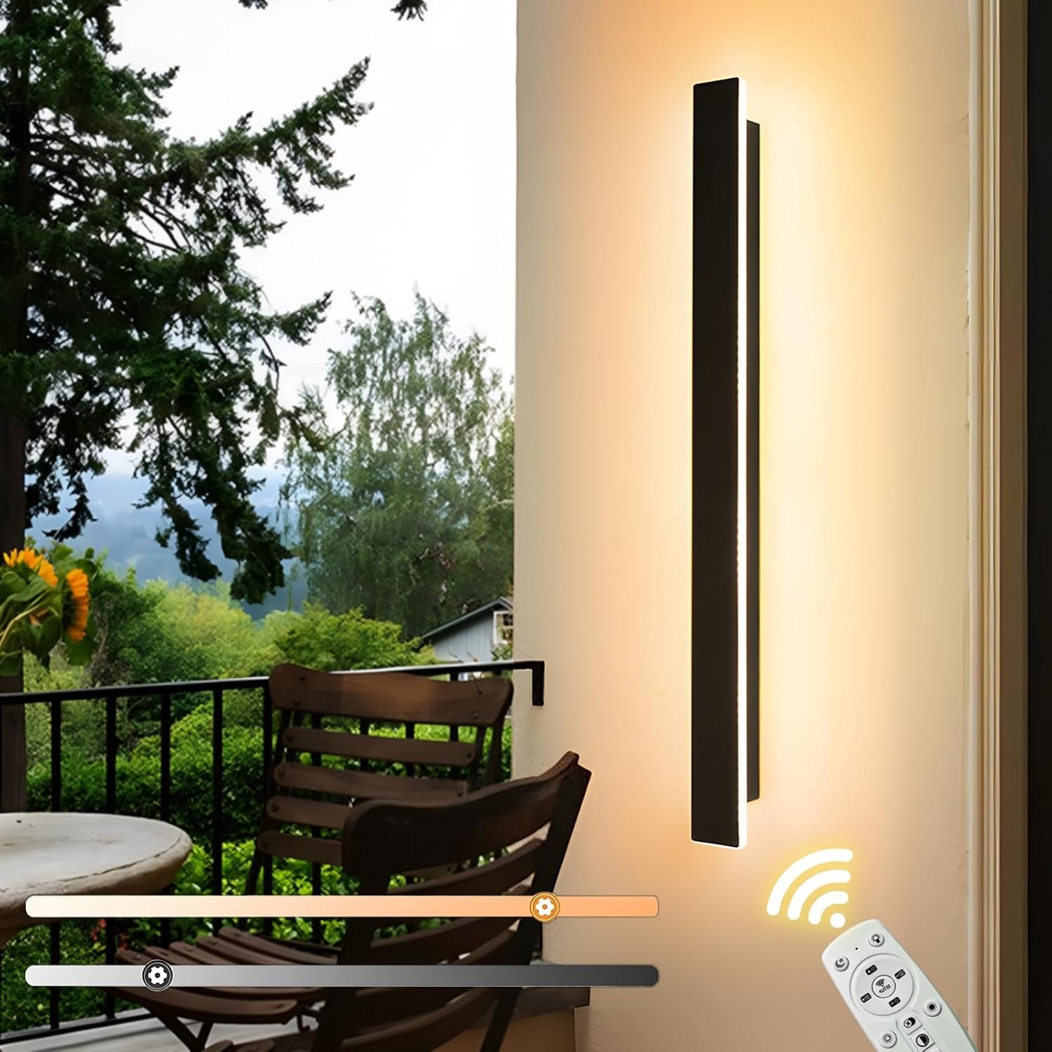 Wandlamp voor buiten, dimbaar, 20 W, buitenlamp met afstandsbediening, IP65, waterdicht, acryl, lange wandverlichting voor buiten, voor villa, terras, tuin, zwart, 100 cm, 110-240 V