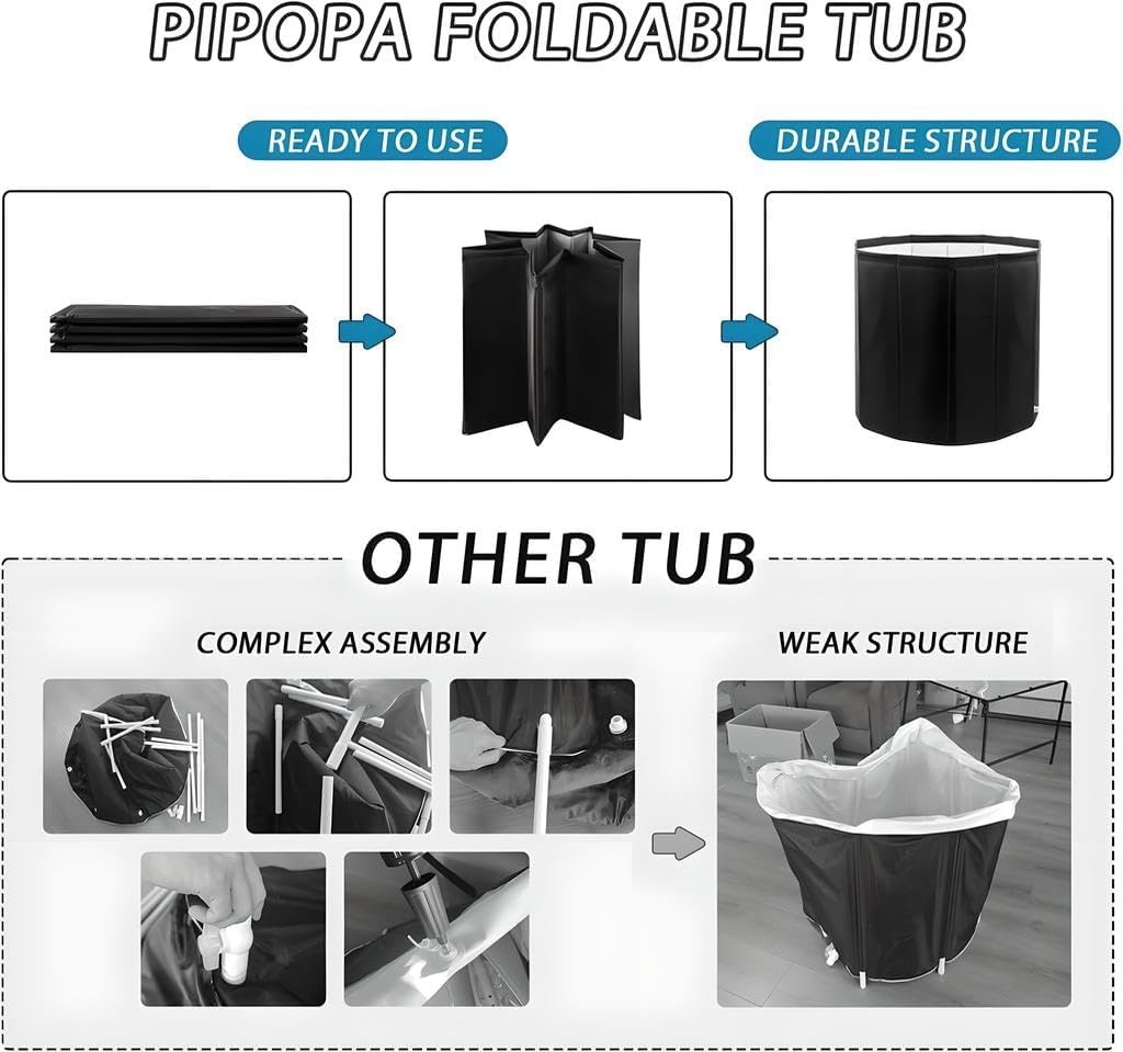 AYES Opvouwbaar dompelbad voor volwassenen, draagbaar ijsbad voor koudwatertherapie-training, dompelbad voor buiten, vrijstaande badkuip voor douche, spa, sauna, badkamer (zwart, 70x70x65 cm)