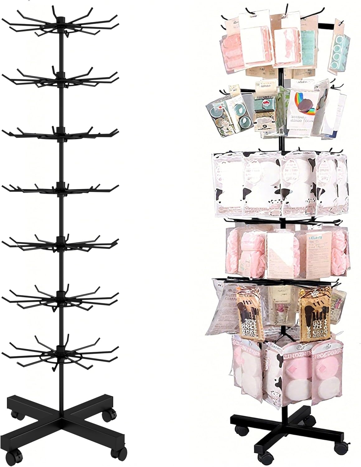 Retail Display Rack, 7 Tier Draaibare Display Stand, Standing Haak Standaard voor Card Sieraden Sleutelhangers Sokken Ketting Postkaart, Winkel Vrijstaand Metaal Verkoopstand (Zwart)