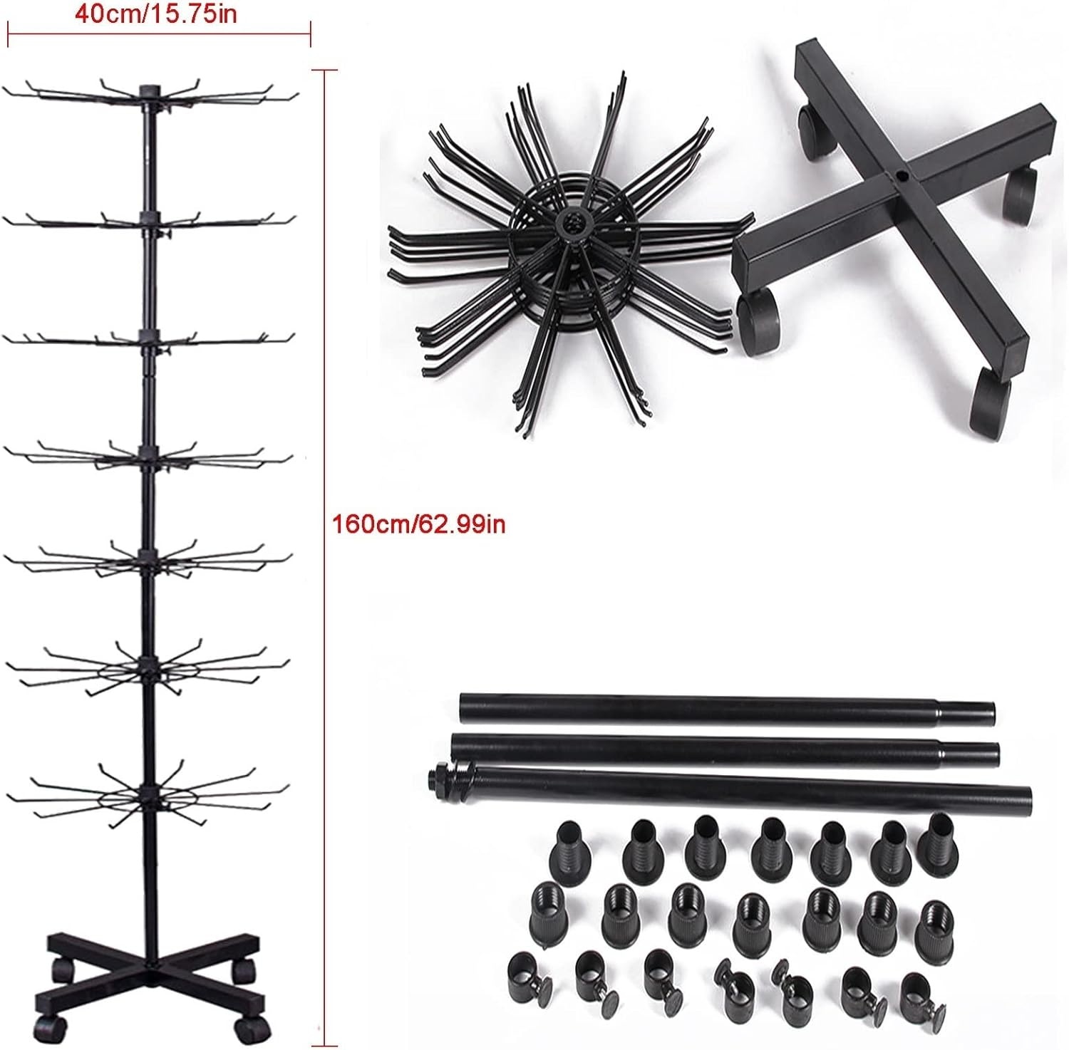 Retail Display Rack, 7 Tier Draaibare Display Stand, Standing Haak Standaard voor Card Sieraden Sleutelhangers Sokken Ketting Postkaart, Winkel Vrijstaand Metaal Verkoopstand (Zwart)