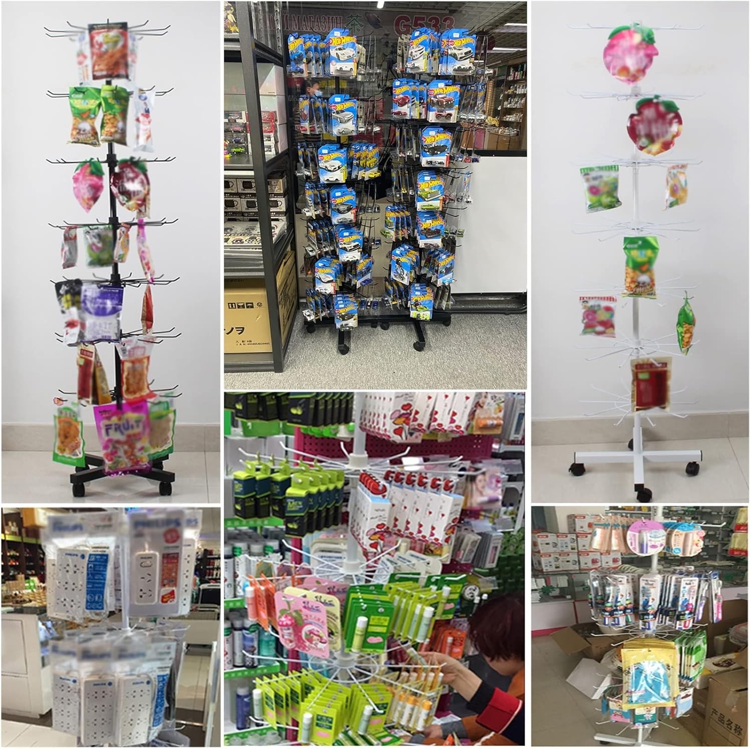 Retail Display Rack, 7 Tier Draaibare Display Stand, Standing Haak Standaard voor Card Sieraden Sleutelhangers Sokken Ketting Postkaart, Winkel Vrijstaand Metaal Verkoopstand (Zwart)