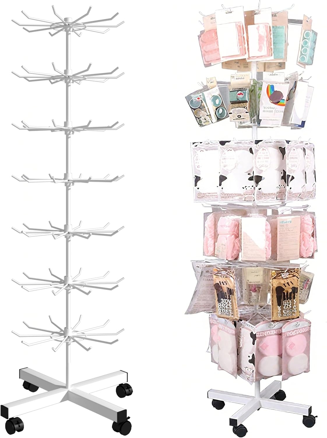 Retail Display Rack, 7 Tier Draaibare Display Stand, Standing Haak Standaard voor Card Sieraden Sleutelhangers Sokken Ketting Postkaart, Winkel Vrijstaand Metaal Verkoopstand (Zwart)