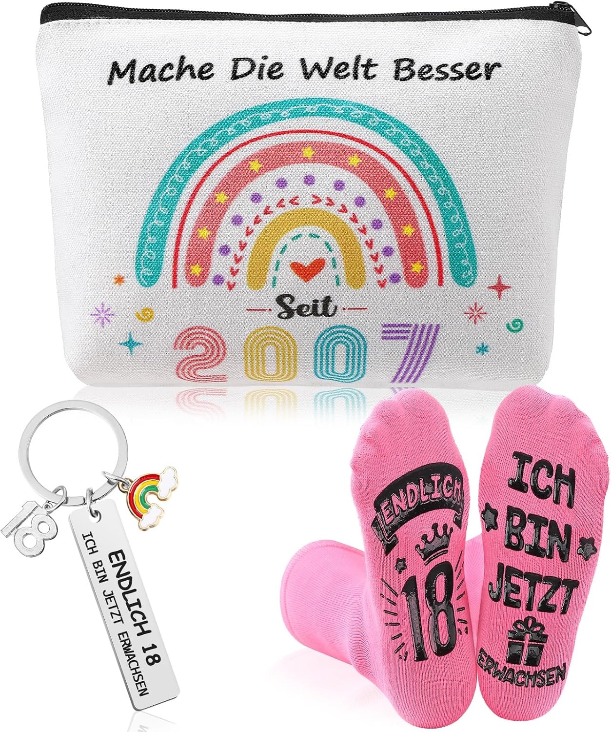 Cadeauset 18e Verjaardag: Make-uptas, Sokken & Sleutelhanger | Wit | 76% Korting