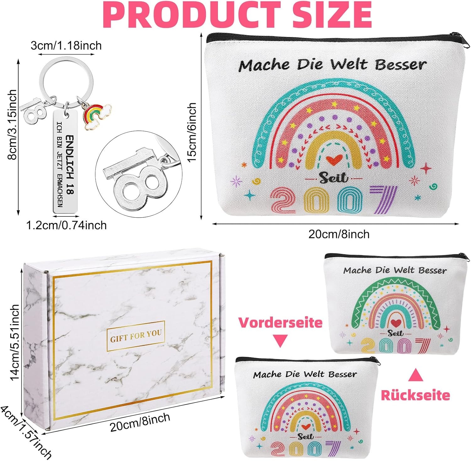Cadeauset 18e Verjaardag: Make-uptas, Sokken & Sleutelhanger | Wit | 76% Korting