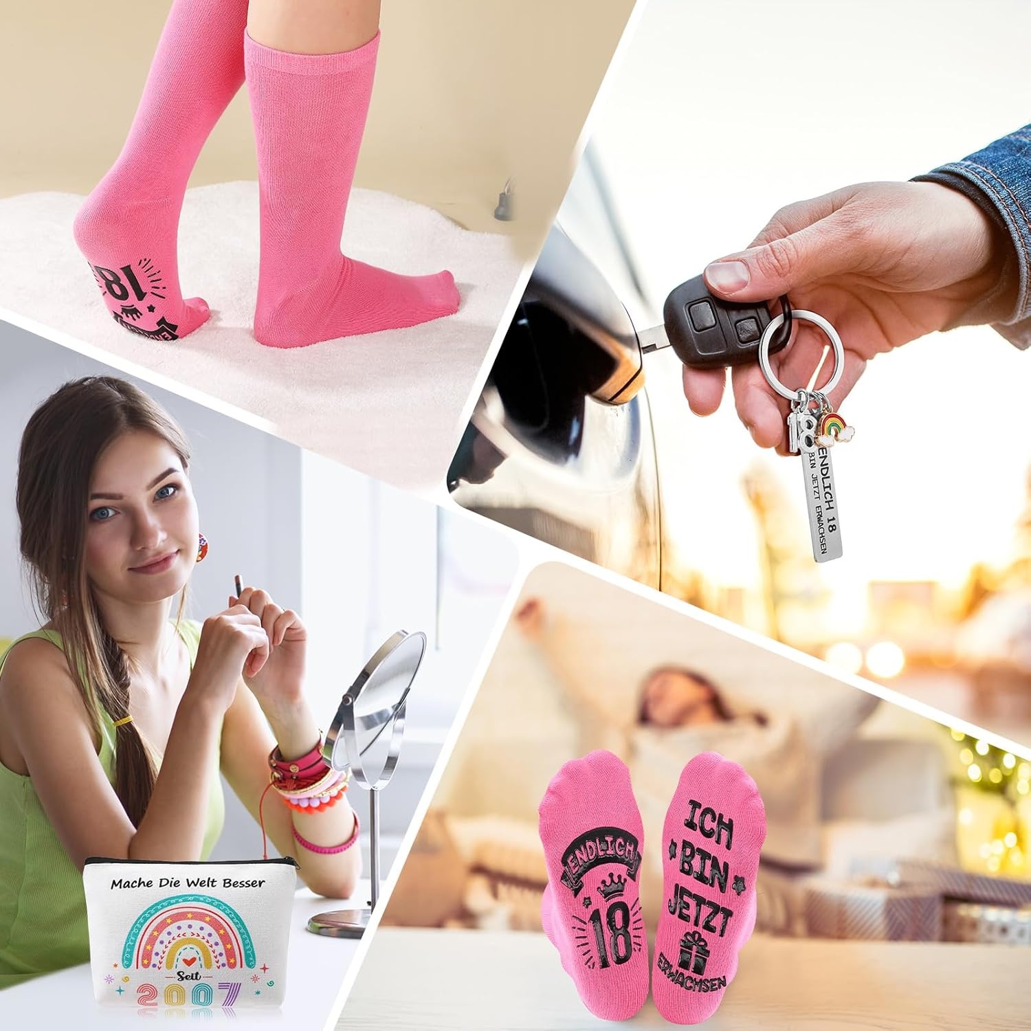 Cadeauset 18e Verjaardag: Make-uptas, Sokken & Sleutelhanger | Wit | 76% Korting