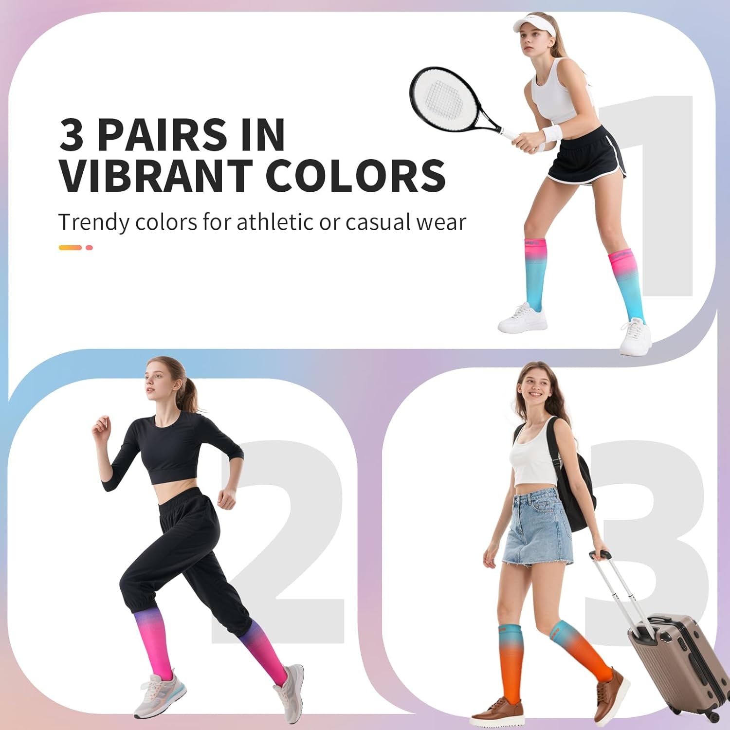 CAMBIVO Compressiekousen 3 Paar - 15-20 mmHg - Blauw/Roze/Oranje - Maat S-M