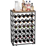 Urban Deco Wijnrek voor 30 flessen, flessenrek staand met houten tafelblad, wijnrek metaal zwart voor keuken, bar, kelder, eetkamer, 59 x 30 x 89 cm