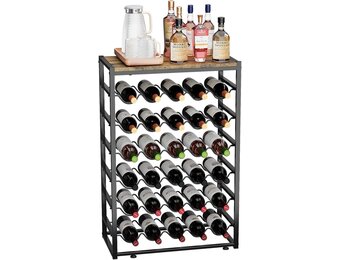 Urban Deco Wijnrek voor 30 flessen, flessenrek staand met houten tafelblad, wijnrek metaal zwart voor keuken, bar, kelder, eetkamer, 59 x 30 x 89 cm