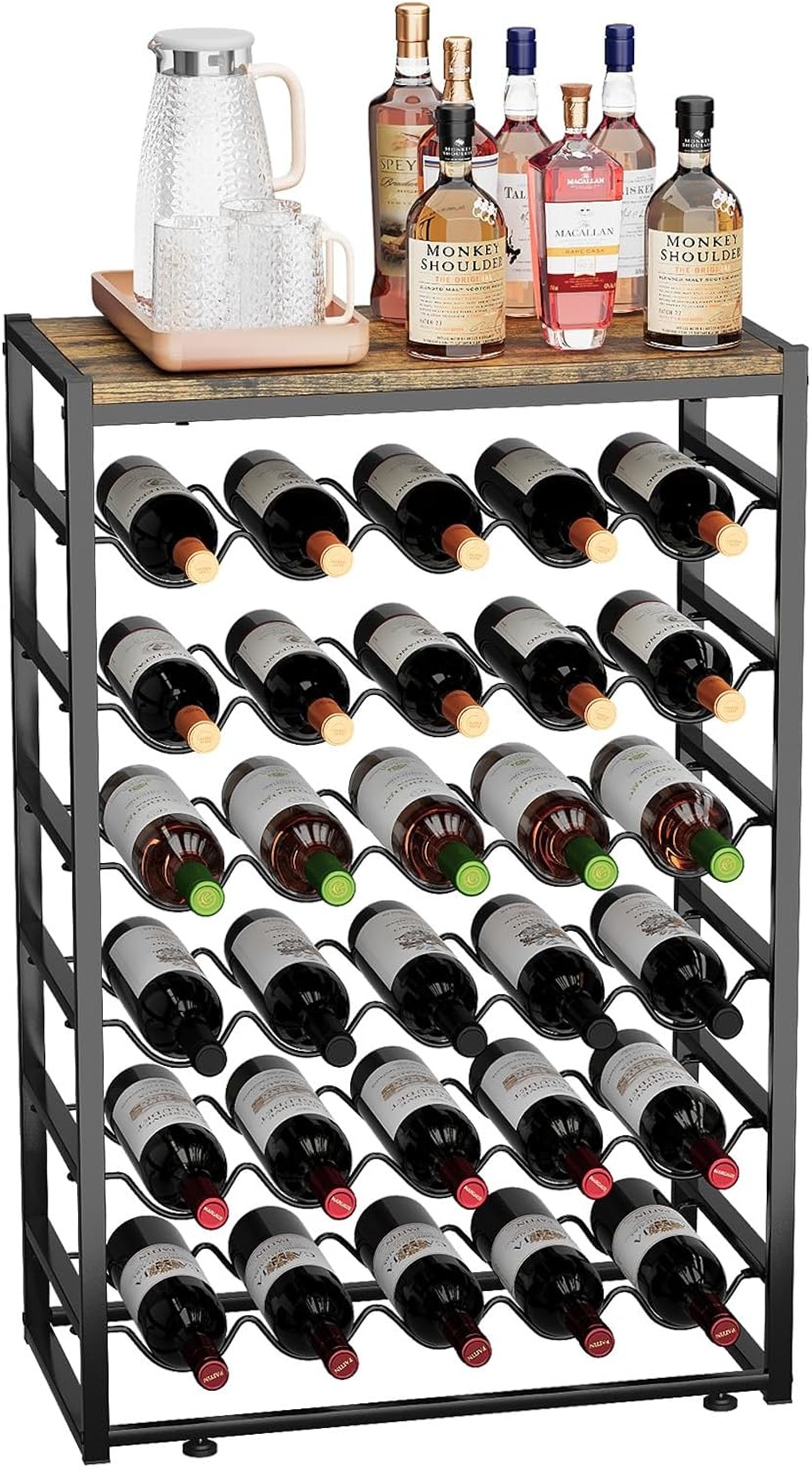 Urban Deco Wijnrek voor 30 flessen, flessenrek staand met houten tafelblad, wijnrek metaal zwart voor keuken, bar, kelder, eetkamer, 59 x 30 x 89 cm