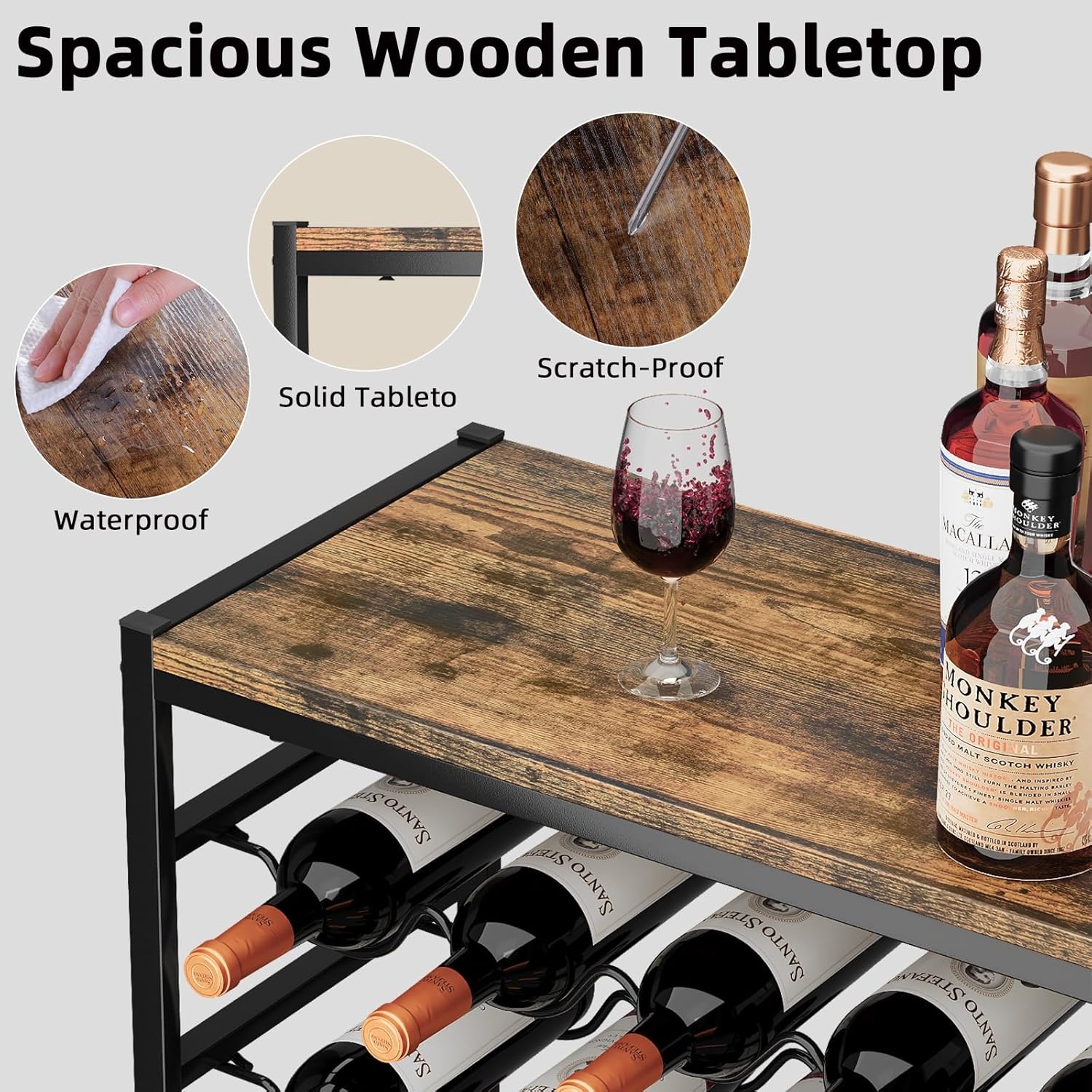 Urban Deco Wijnrek voor 30 flessen, flessenrek staand met houten tafelblad, wijnrek metaal zwart voor keuken, bar, kelder, eetkamer, 59 x 30 x 89 cm