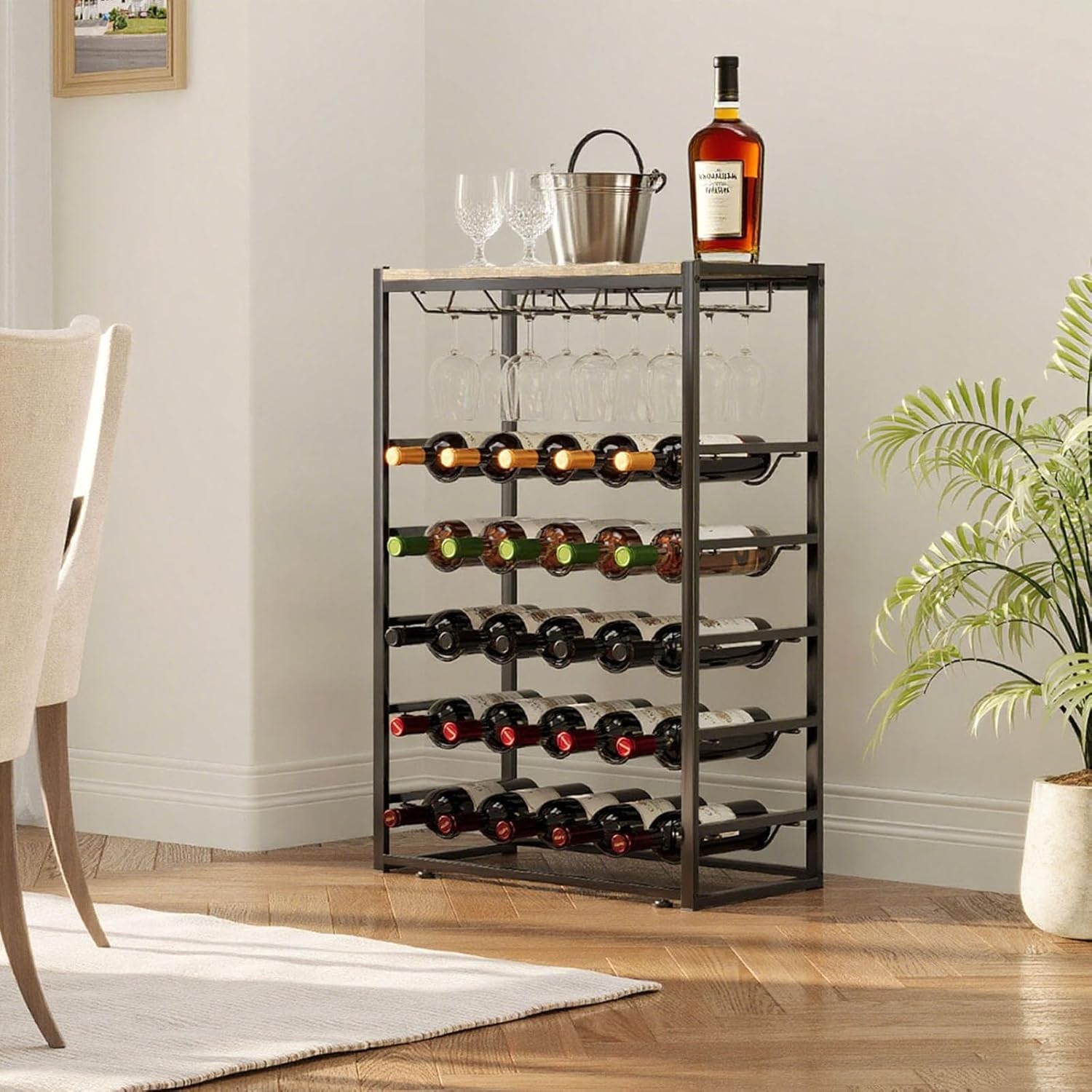 Urban Deco Wijnrek voor 30 flessen, flessenrek staand met houten tafelblad, wijnrek metaal zwart voor keuken, bar, kelder, eetkamer, 59 x 30 x 89 cm