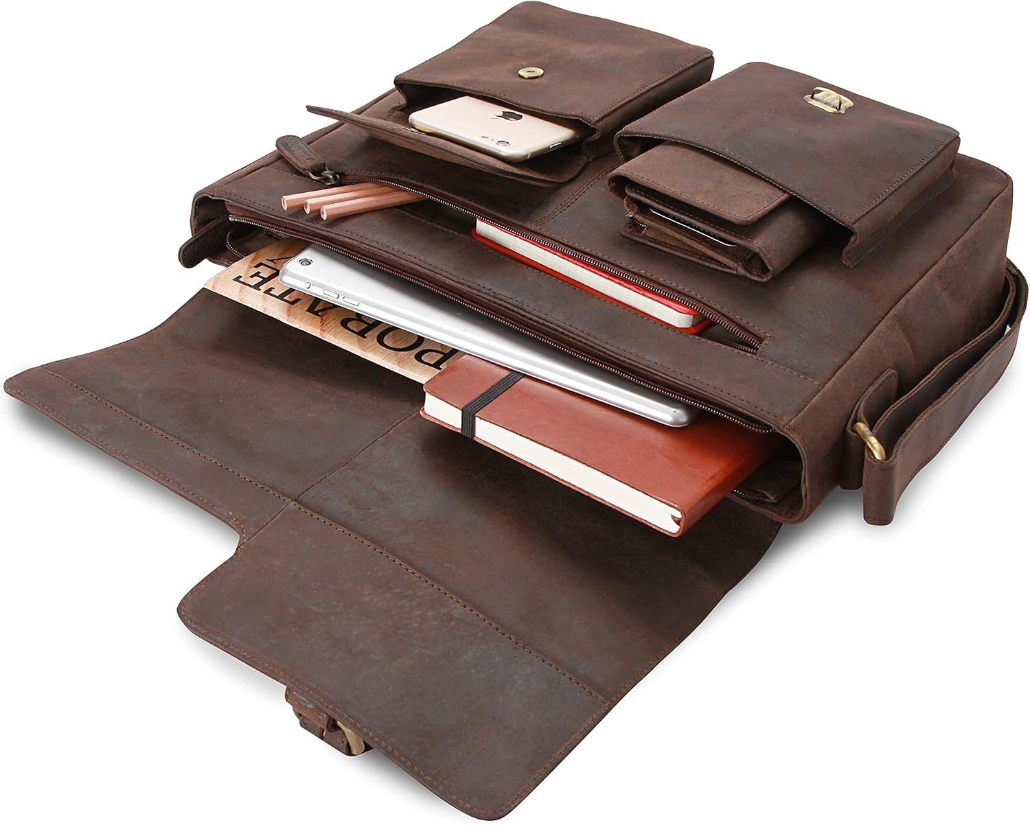 LEABAGS Lederen aktetas voor heren en dames, echt leer, laptoptas tot 13 inch, schoudertas met schouderriem, messenger bag, werktas, lerarentas, beige, Eén maat, Boheems, gedeconstrueerd,