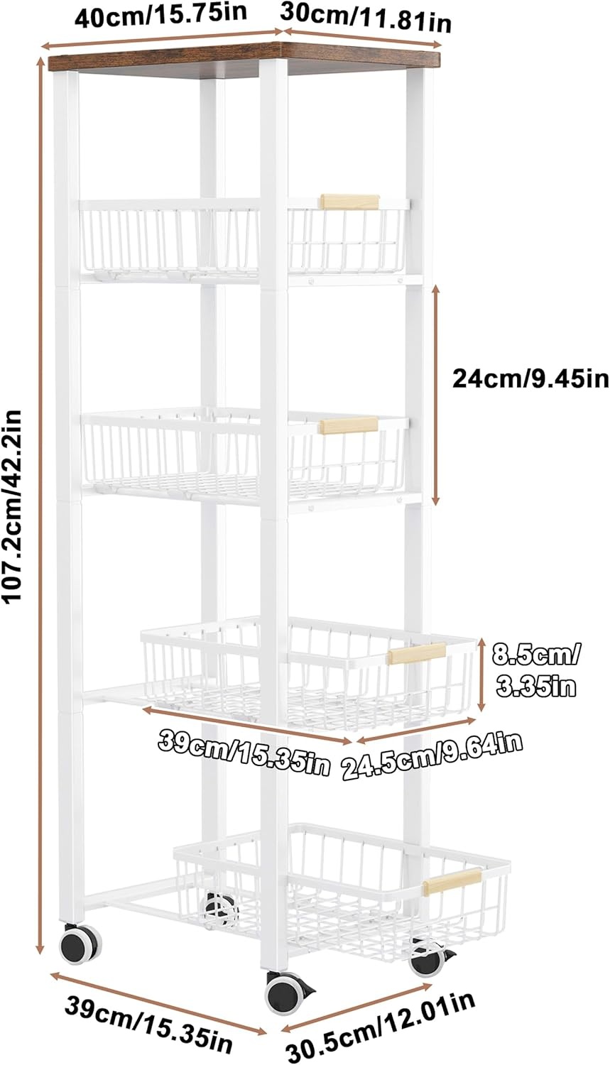 Ornestia Metalen Opslagwagen met 5 etages, wit, 30.5 x 39 x 107.2 cm