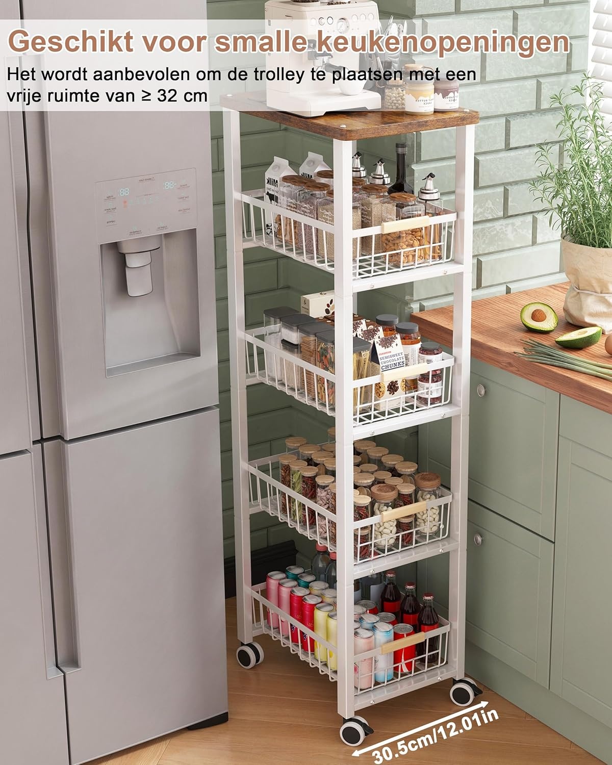 Ornestia Metalen Opslagwagen met 5 etages, wit, 30.5 x 39 x 107.2 cm