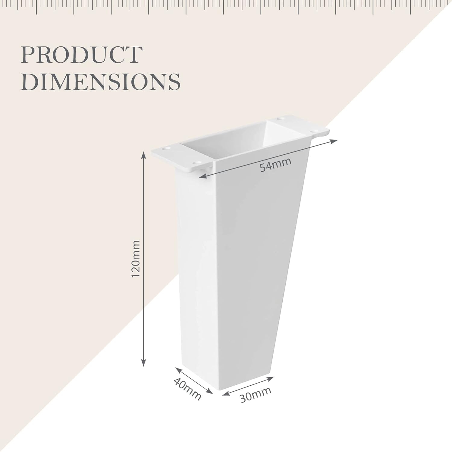 Set van 4 witte meubelpoten - Schuine meubelpoten - Hoogte 120 mm - Materiaal: ABS kunststof - Scandinavisch design - Inclusief schroeven (4 stuks)