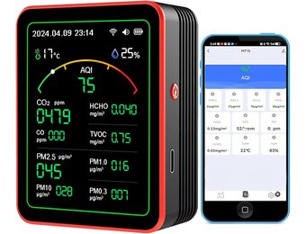 WiFi 15-in-1 luchtkwaliteitsmonitor Smartphone APP - Dual Chip - Sensoren detecteren CO2, PM2.5/PM10, HCHO, TVOC | Realtime AQI-waarschuwingen en aangepaste drempels | voor thuis, auto, kantoor
