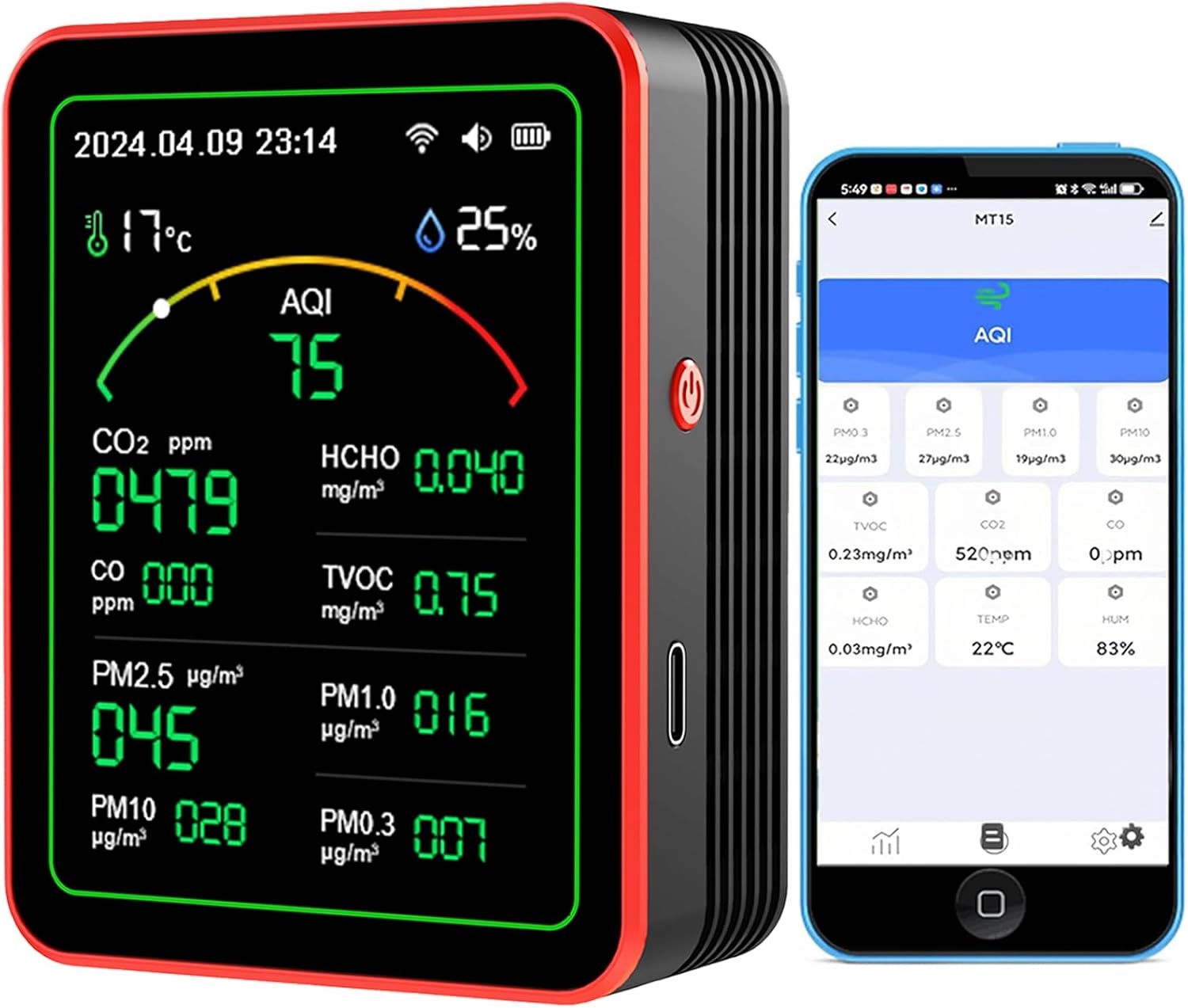 WiFi 15-in-1 luchtkwaliteitsmonitor Smartphone APP - Dual Chip - Sensoren detecteren CO2, PM2.5/PM10, HCHO, TVOC | Realtime AQI-waarschuwingen en aangepaste drempels | voor thuis, auto, kantoor