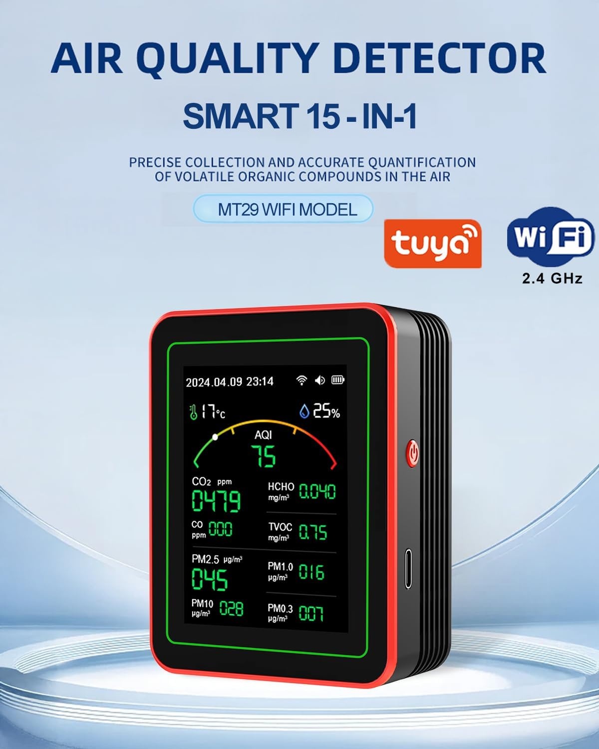 WiFi 15-in-1 luchtkwaliteitsmonitor Smartphone APP - Dual Chip - Sensoren detecteren CO2, PM2.5/PM10, HCHO, TVOC | Realtime AQI-waarschuwingen en aangepaste drempels | voor thuis, auto, kantoor
