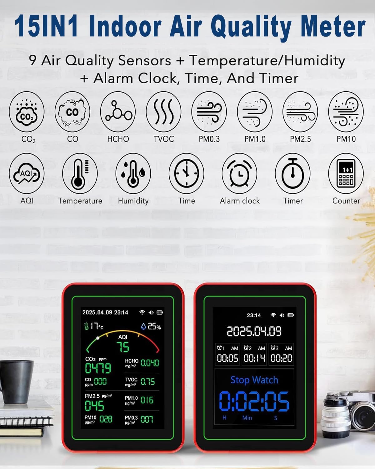 WiFi 15-in-1 luchtkwaliteitsmonitor Smartphone APP - Dual Chip - Sensoren detecteren CO2, PM2.5/PM10, HCHO, TVOC | Realtime AQI-waarschuwingen en aangepaste drempels | voor thuis, auto, kantoor