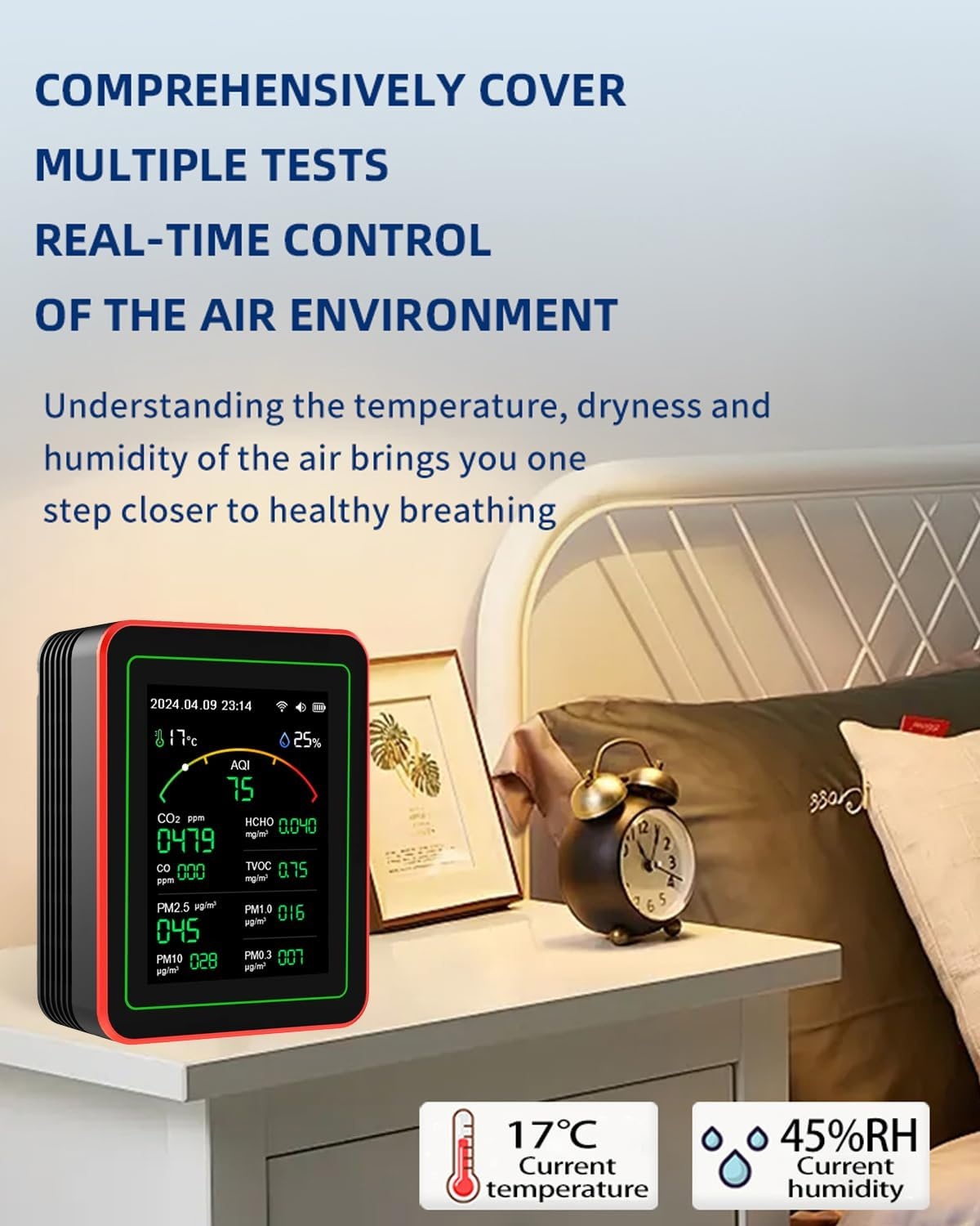 WiFi 15-in-1 luchtkwaliteitsmonitor Smartphone APP - Dual Chip - Sensoren detecteren CO2, PM2.5/PM10, HCHO, TVOC | Realtime AQI-waarschuwingen en aangepaste drempels | voor thuis, auto, kantoor