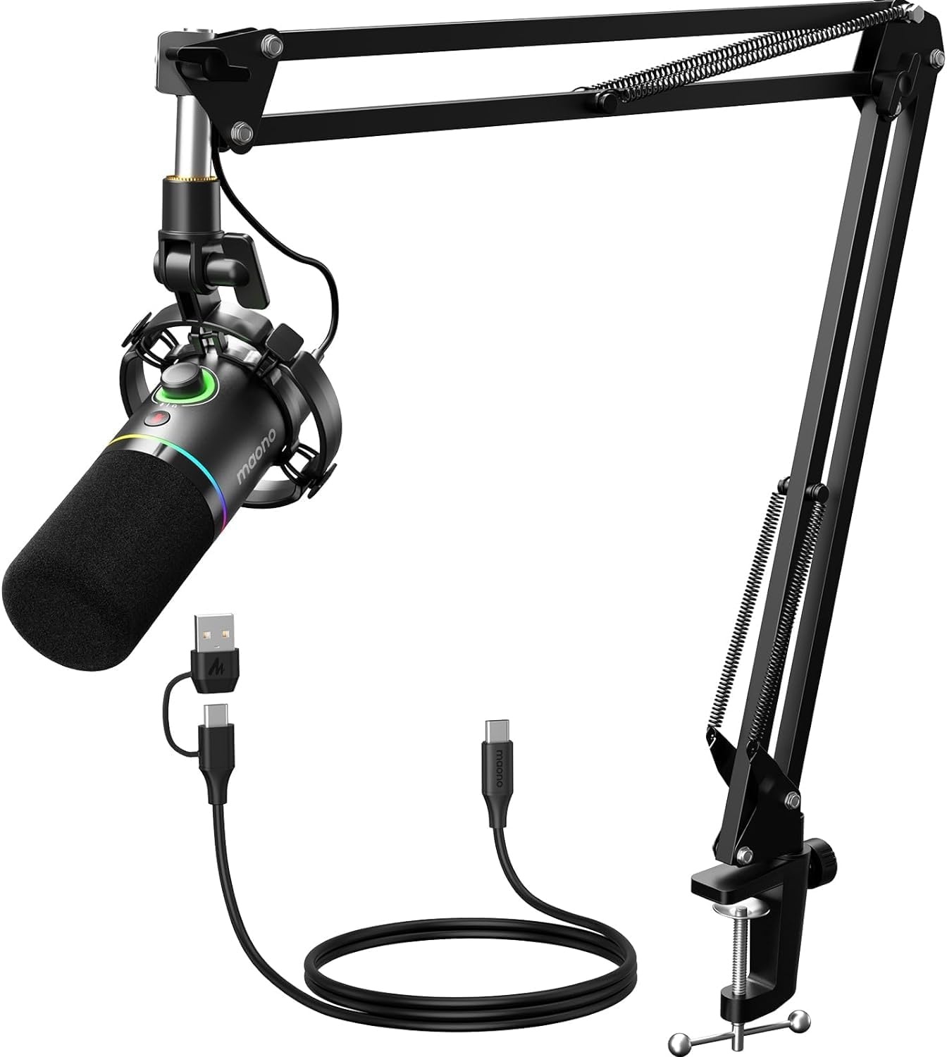 MAONO RGB Podcastmicrofoon met boomarm, software, mute-knop en gain control voor PC, streaming, opname en PS4/5, Mac mixer, PD200XS Zwart