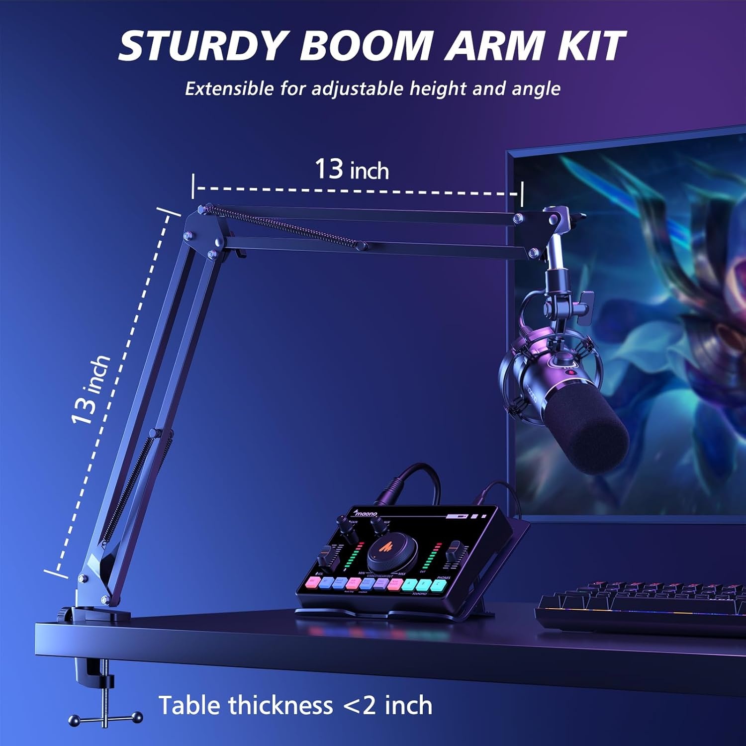 MAONO RGB Podcastmicrofoon met boomarm, software, mute-knop en gain control voor PC, streaming, opname en PS4/5, Mac mixer, PD200XS Zwart
