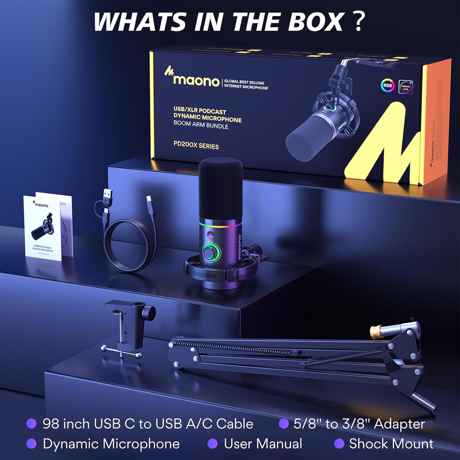 MAONO RGB Podcastmicrofoon met boomarm, software, mute-knop en gain control voor PC, streaming, opname en PS4/5, Mac mixer, PD200XS Zwart