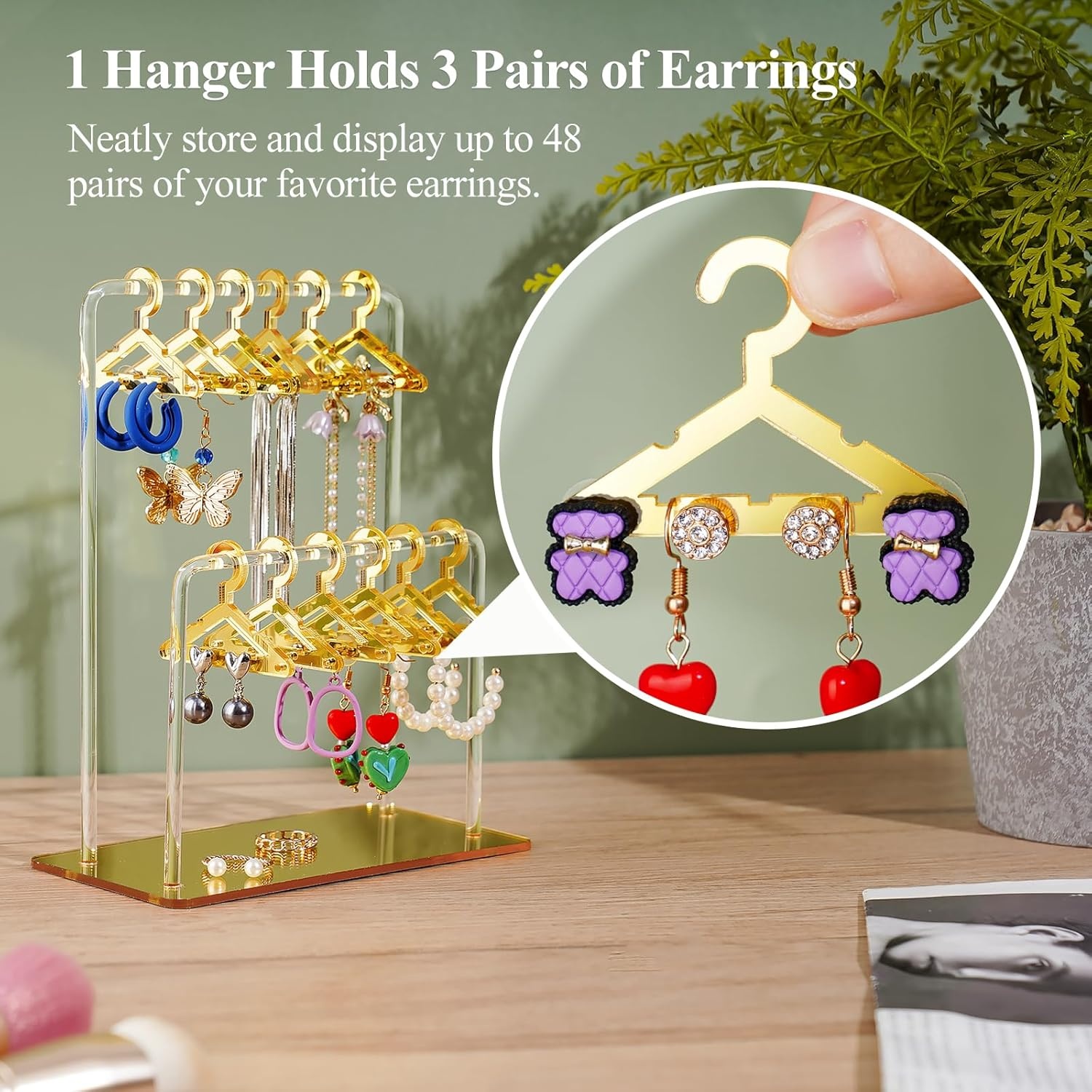 NiHome Acryl oorbelhouder met uniek tweetraps design, schattige miniatuur kleerhangers met ruime opbergruimte voor 48 paar, spiegeldisplay voor thuis wastafel en detailhandel