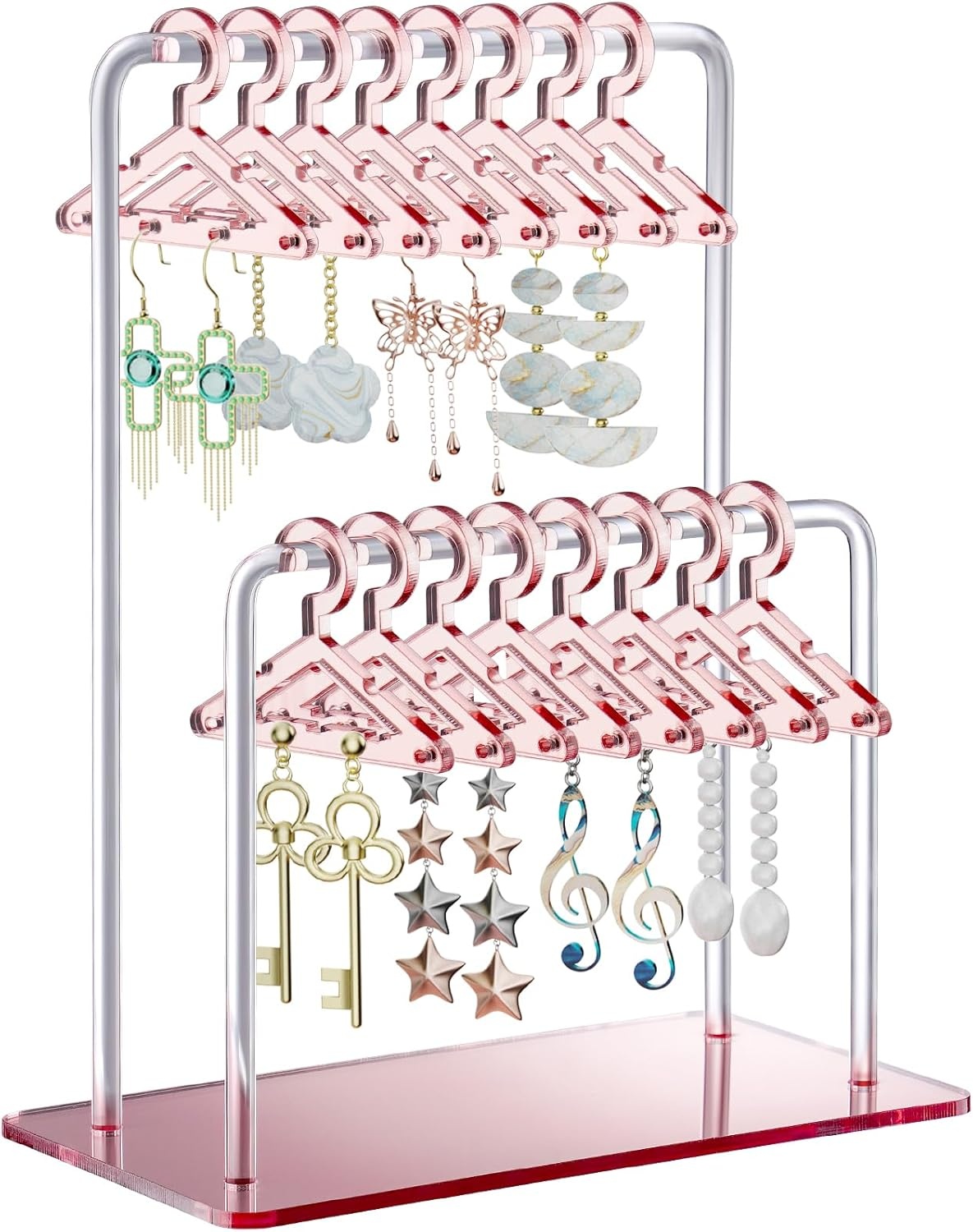 NiHome Acryl oorbelhouder met uniek tweetraps design, schattige miniatuur kleerhangers met ruime opbergruimte voor 48 paar, spiegeldisplay voor thuis wastafel en detailhandel