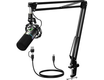 MAONO RGB Podcastmicrofoon met boomarm, software, mute-knop en gain control voor PC, streaming, opname en PS4/5, Mac mixer, PD200XS Zwart