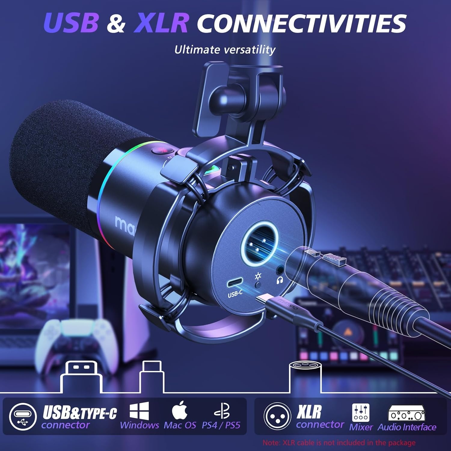 MAONO RGB Podcastmicrofoon met boomarm, software, mute-knop en gain control voor PC, streaming, opname en PS4/5, Mac mixer, PD200XS Zwart