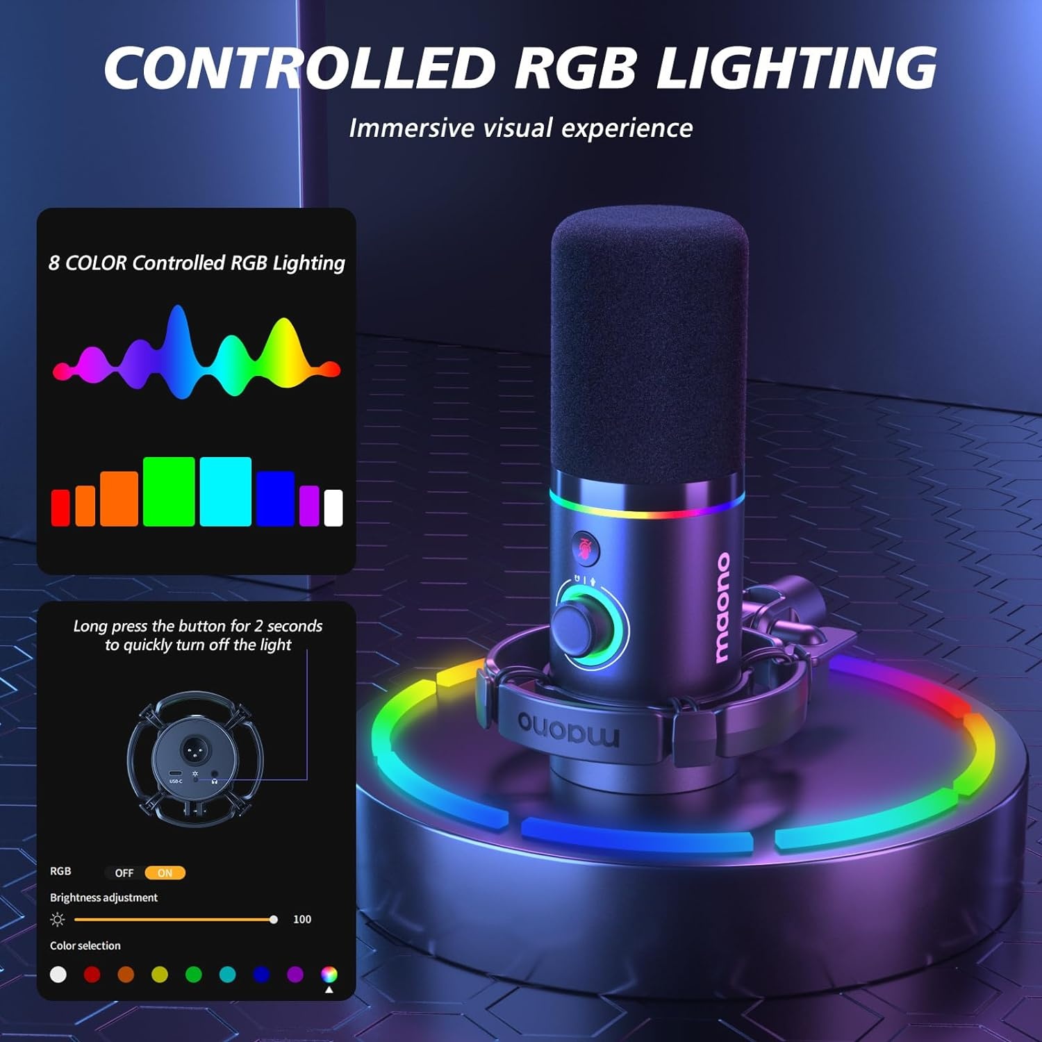 MAONO RGB Podcastmicrofoon met boomarm, software, mute-knop en gain control voor PC, streaming, opname en PS4/5, Mac mixer, PD200XS Zwart