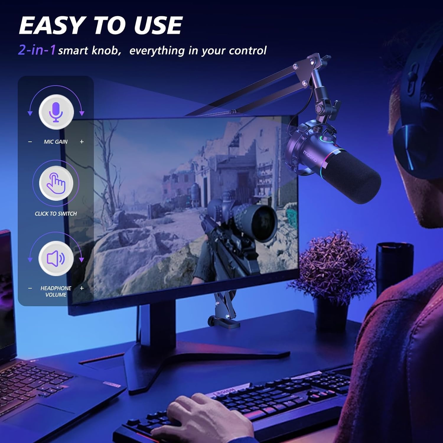 MAONO RGB Podcastmicrofoon met boomarm, software, mute-knop en gain control voor PC, streaming, opname en PS4/5, Mac mixer, PD200XS Zwart