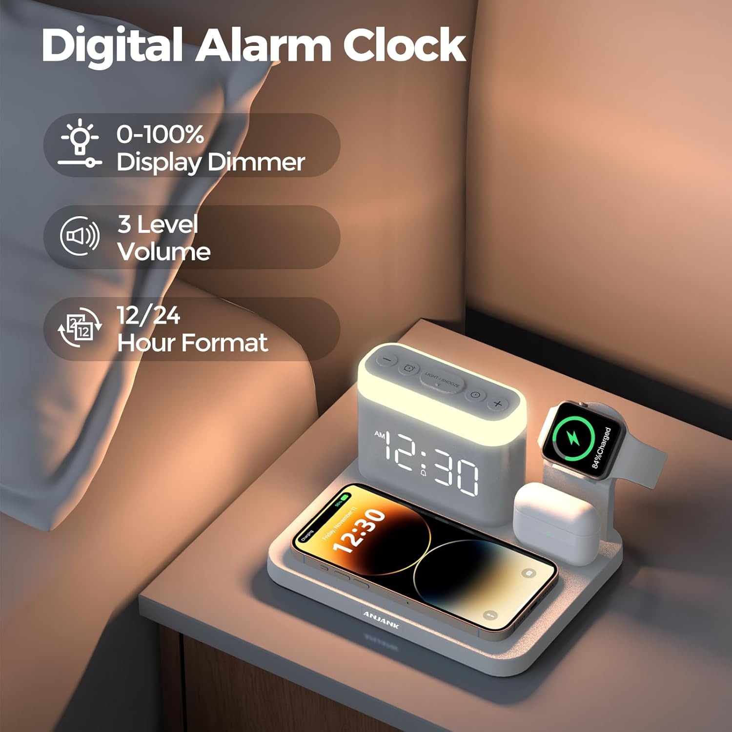 5-in-1 Laadstation met Alarmklok en Nachtlamp voor Apple Watch & iPhone