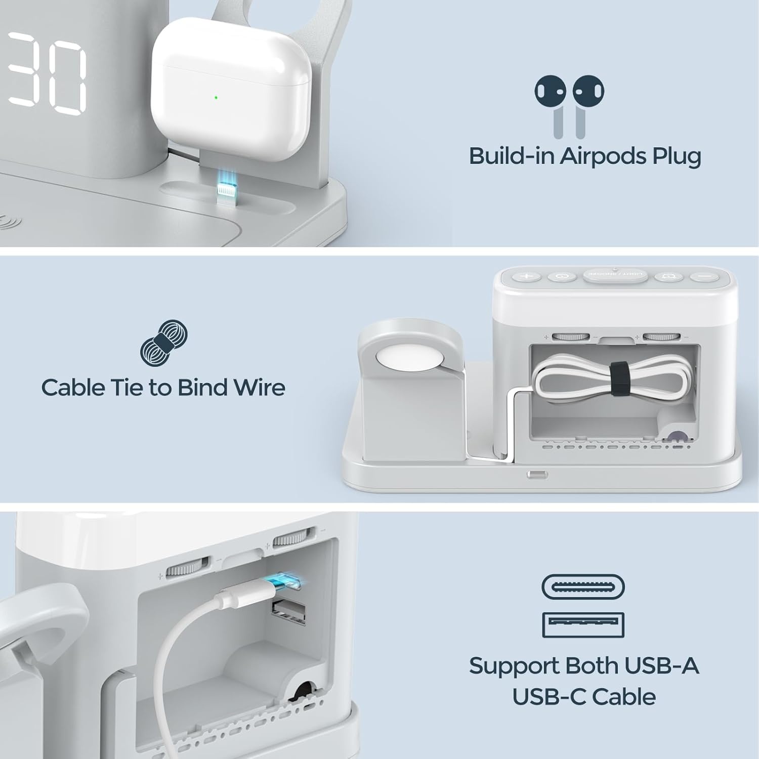5-in-1 Laadstation met Alarmklok en Nachtlamp voor Apple Watch & iPhone